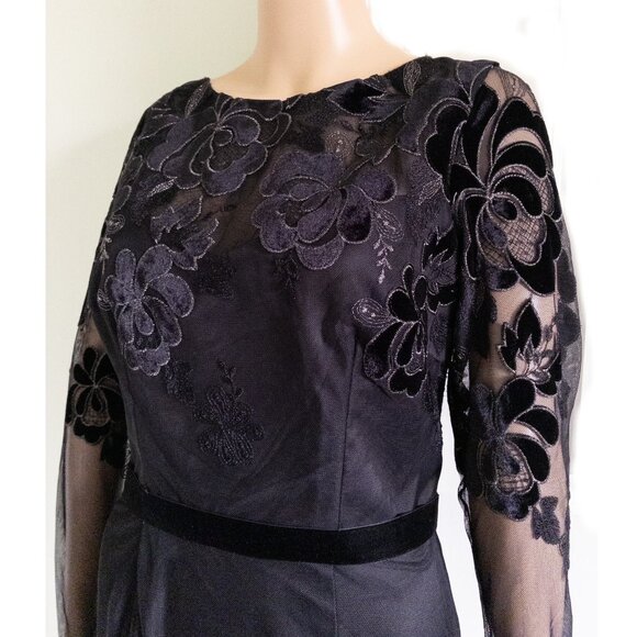 DAVID MEISTER Embroidered Sheer Mesh Overlay Long Sleeve Black Cocktail Dress - Picture 1 of 8